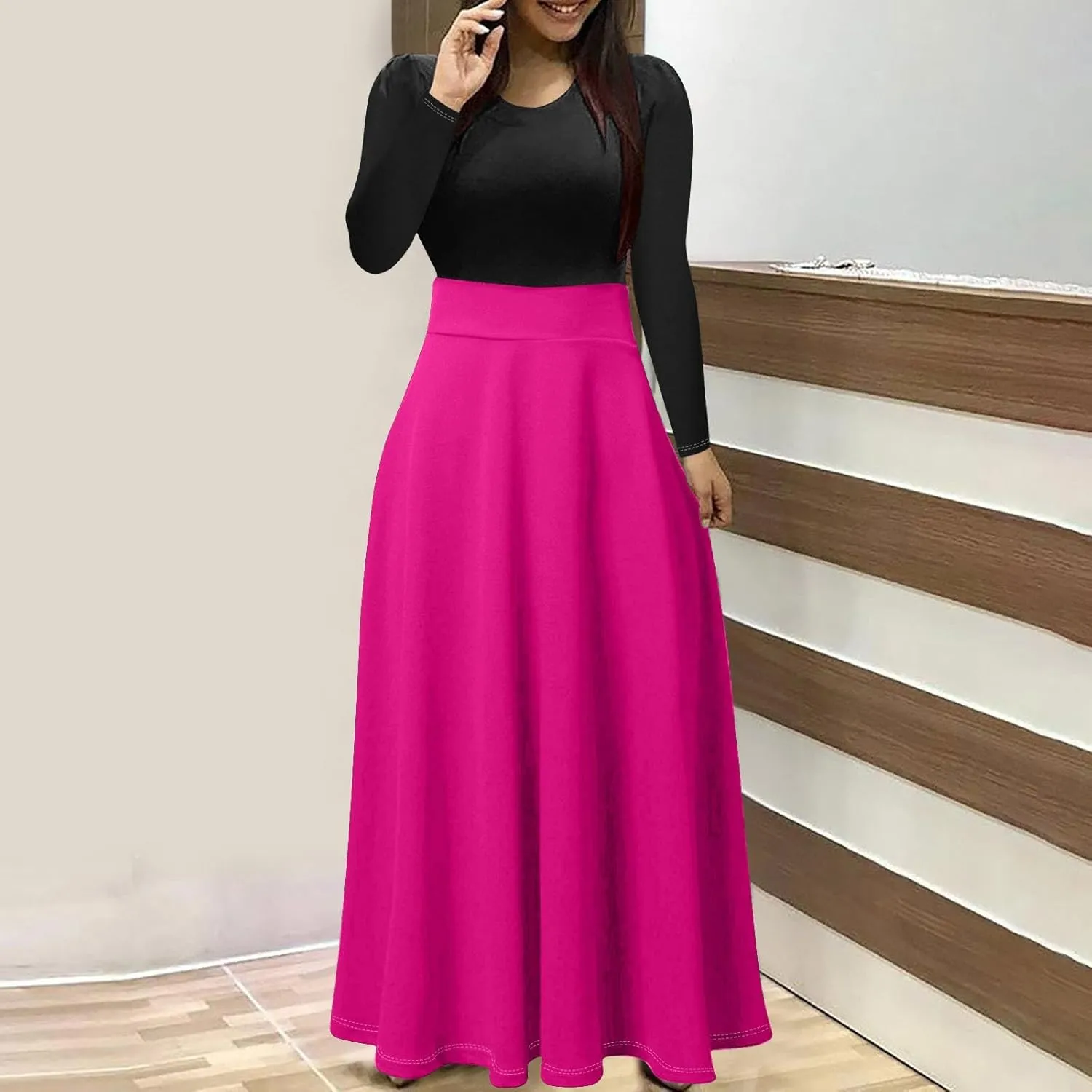 MRGIINRI Womens Long Sleeve Maxi Dress 2024 Fall Casual Crewneck Tunic Dresses Elegant High Waist Elastic Cocktail Party Gown