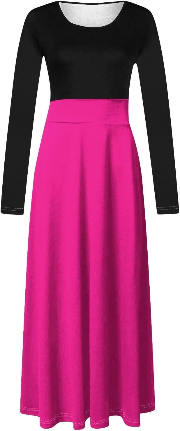 MRGIINRI Womens Long Sleeve Maxi Dress 2024 Fall Casual Crewneck Tunic Dresses Elegant High Waist Elastic Cocktail Party Gown