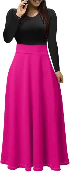 MRGIINRI Womens Long Sleeve Maxi Dress 2024 Fall Casual Crewneck Tunic Dresses Elegant High Waist Elastic Cocktail Party Gown