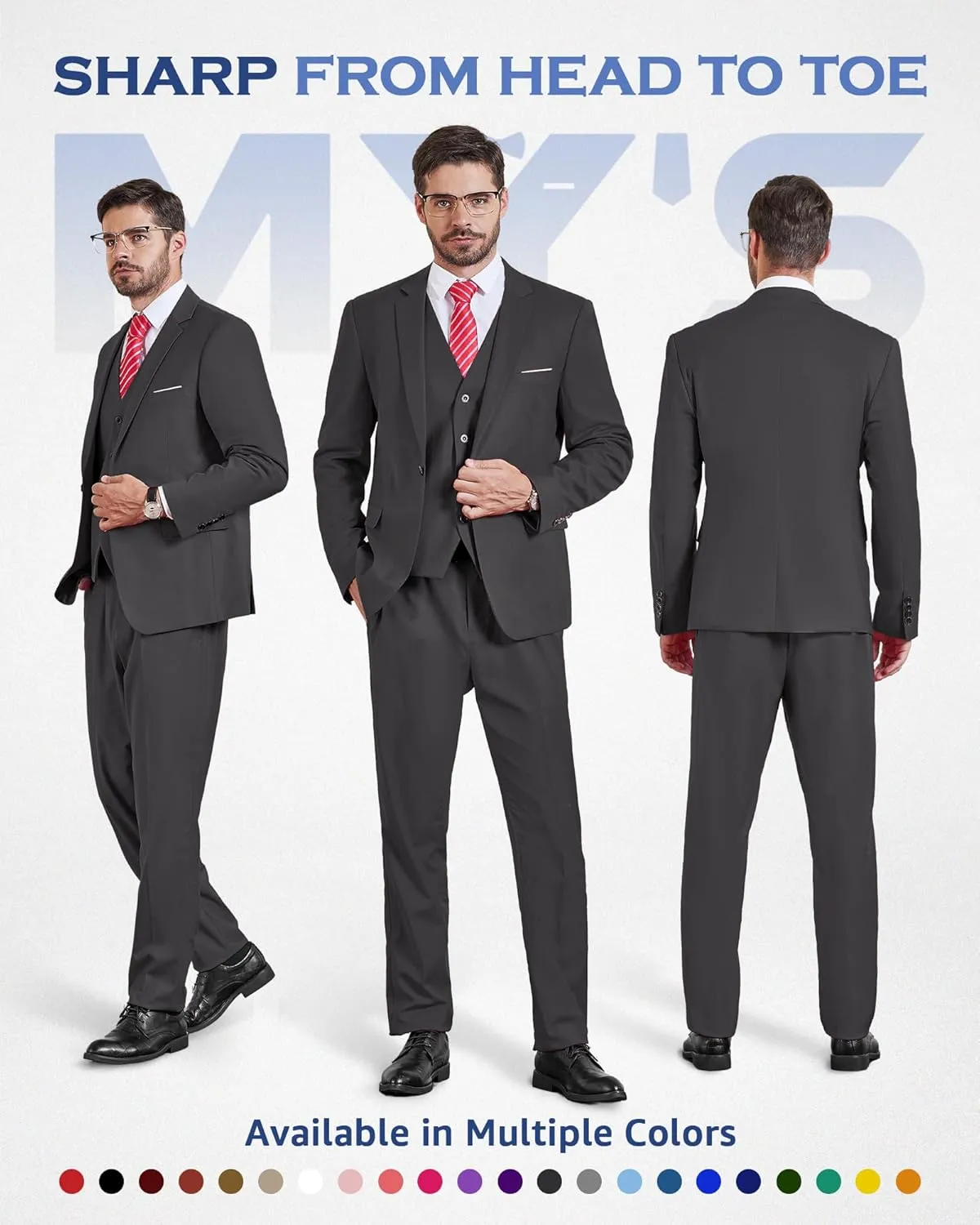 MY'S Men's 3 Piece Slim Fit Suit Set, One Button Solid Jacket Vest Pants with Tie