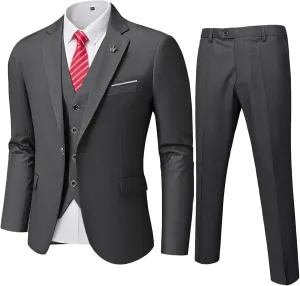 MY'S Men's 3 Piece Slim Fit Suit Set, One Button Solid Jacket Vest Pants with Tie