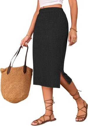 Naggoo Midi Skirts for Women Spring Summer Elastic High Waisted Side Slit Long Sweater Skirt