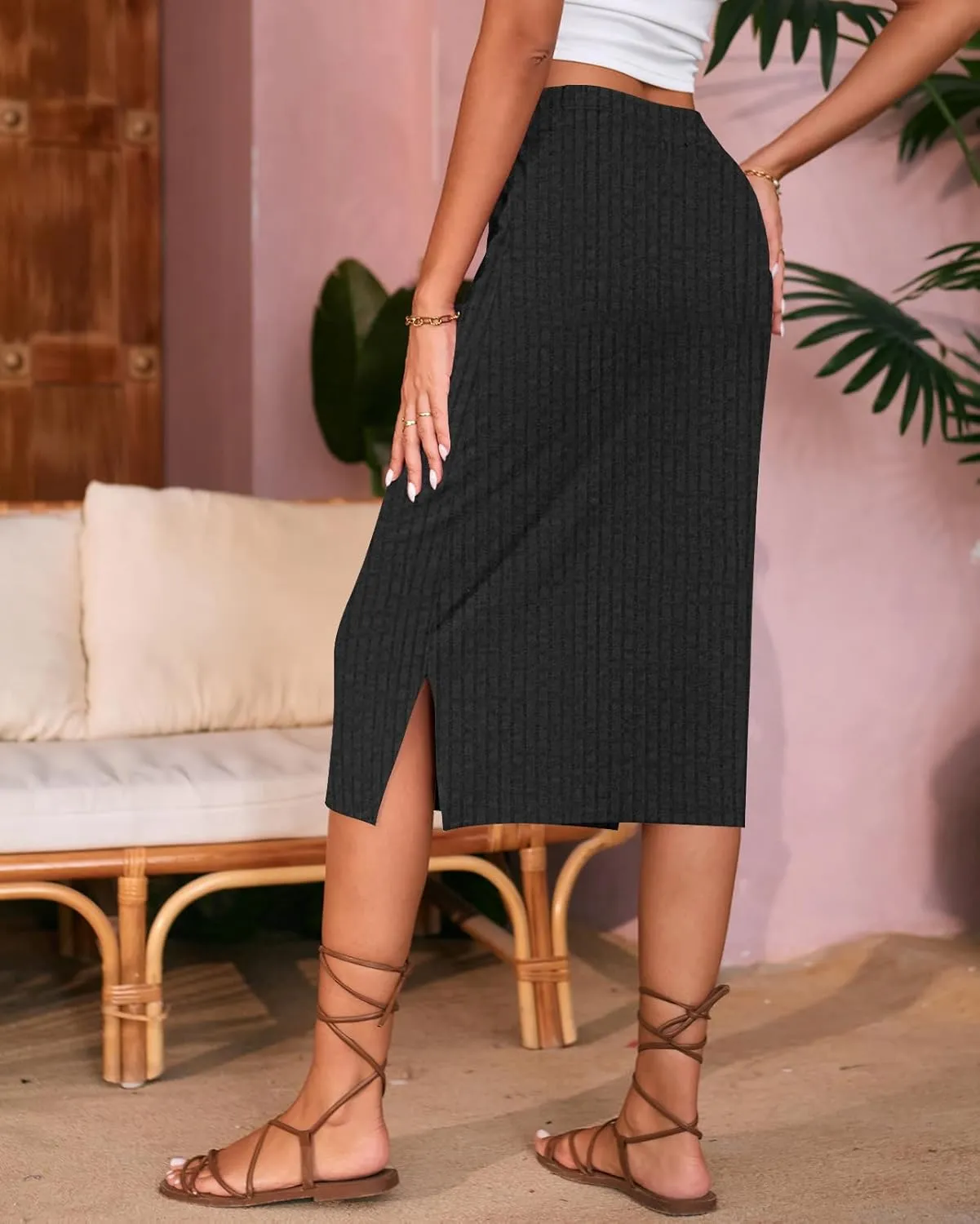 Naggoo Midi Skirts for Women Spring Summer Elastic High Waisted Side Slit Long Sweater Skirt