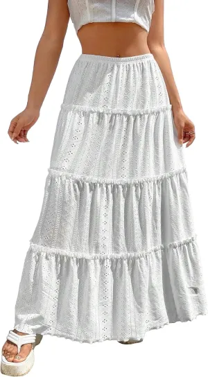 Narecte Women's Maxi Skirt Summer Boho High Waist Pleated A-Line Flowy Ruffle Swing Tiered Long Beach Skirt Dress 2024