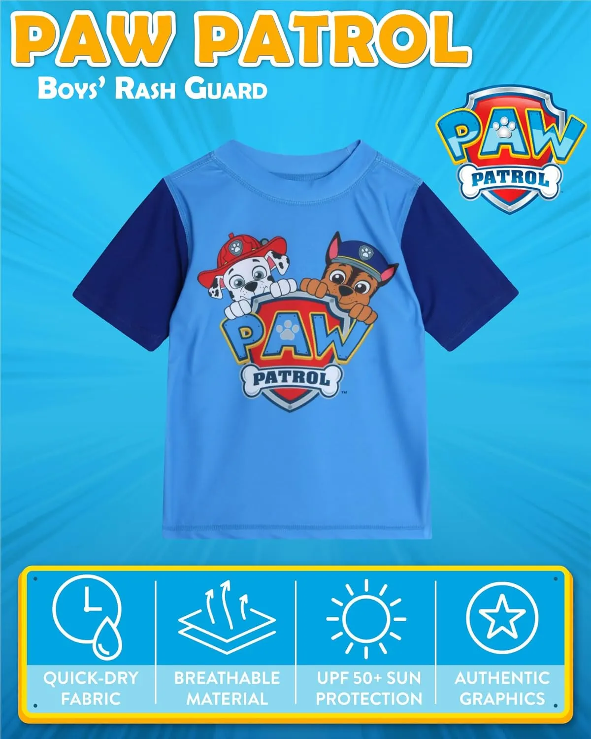 Nickelodeon Boys' Rash Guard Short Sleeve Top - Paw Patrol Chase & Marshall Quick Dry UPF50  Sun Protection Swim Shirt (2T-7)