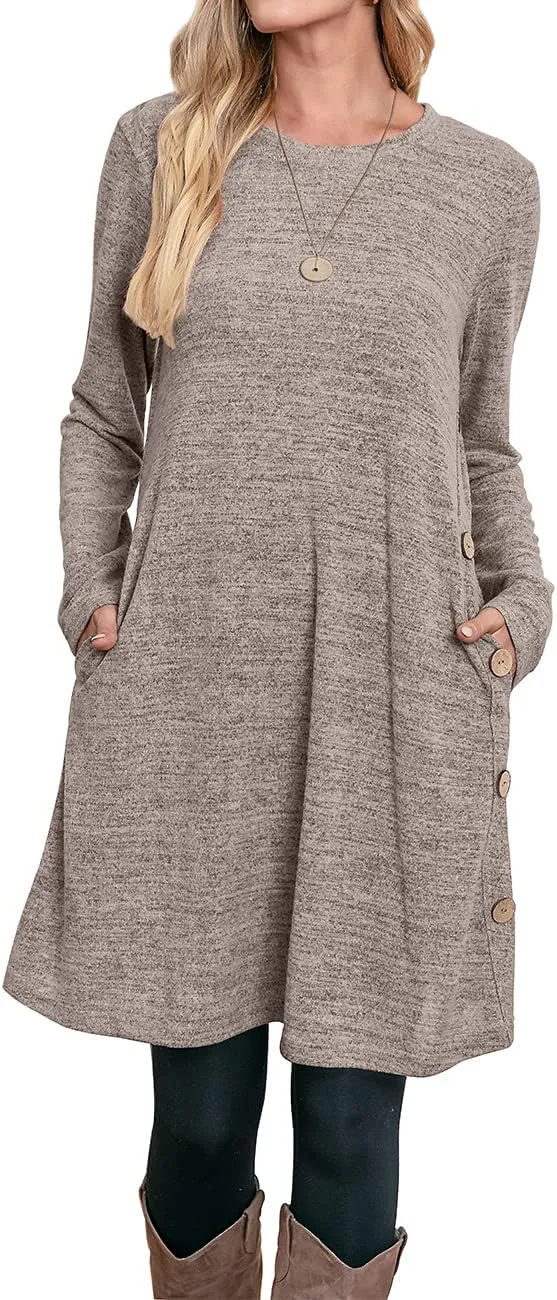 OFEEFAN Womens Long Sleeve Tunic Dres Fall Outfits with Pockets Buttons