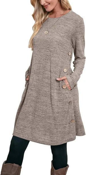 OFEEFAN Womens Long Sleeve Tunic Dres Fall Outfits with Pockets Buttons