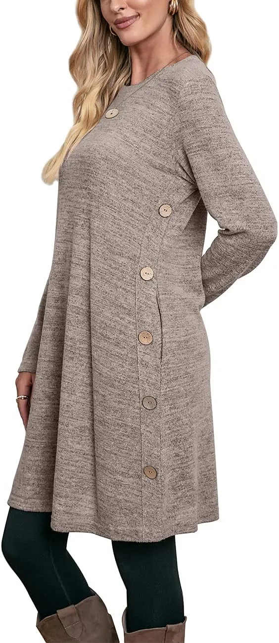 OFEEFAN Womens Long Sleeve Tunic Dres Fall Outfits with Pockets Buttons