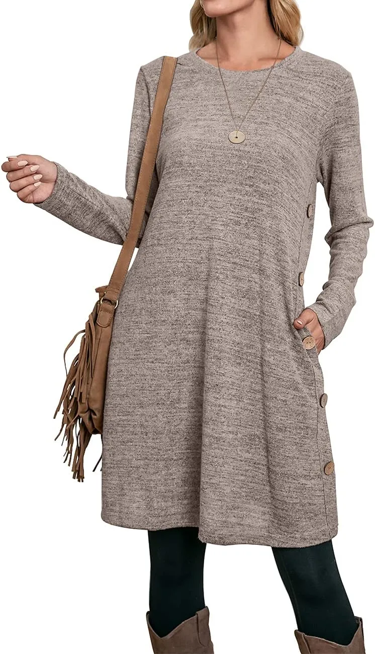 OFEEFAN Womens Long Sleeve Tunic Dres Fall Outfits with Pockets Buttons