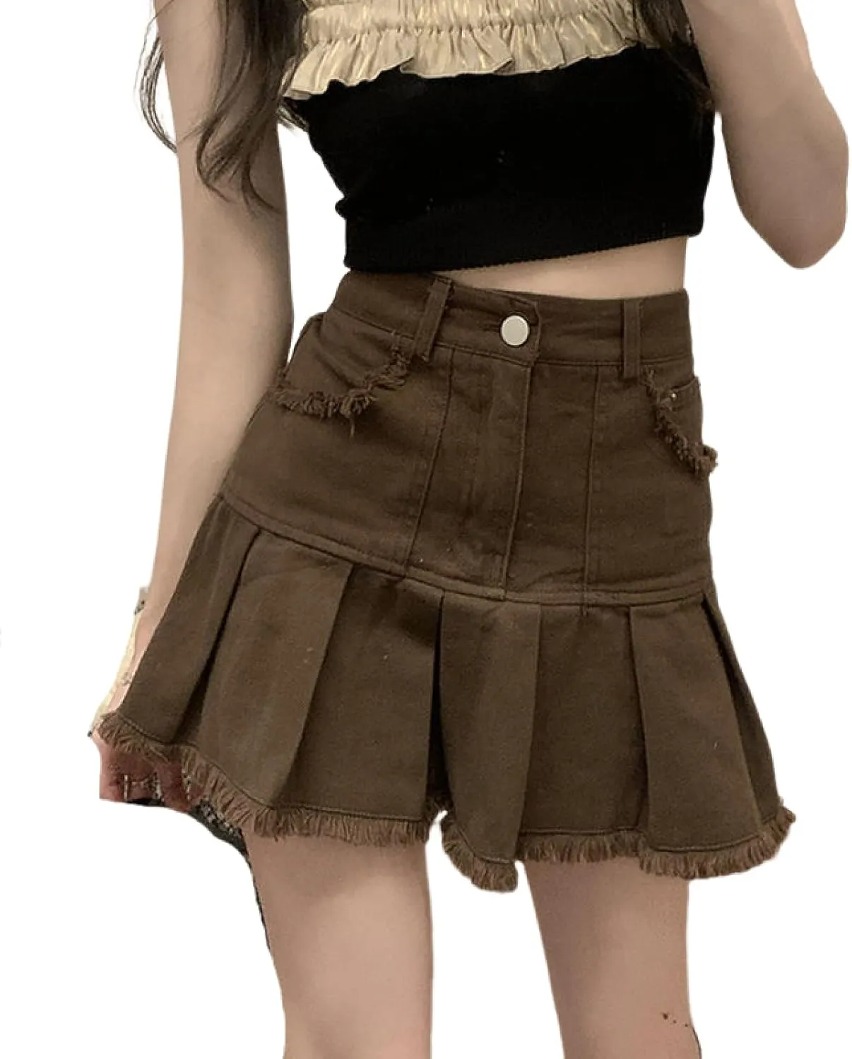 OFFSUM Womens Short Skirts - Pleated Denim Mini Skirt High Waist Ruffle Skirts with Pockets Fashion Streetwear Style