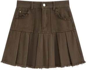 OFFSUM Womens Short Skirts - Pleated Denim Mini Skirt High Waist Ruffle Skirts with Pockets Fashion Streetwear Style