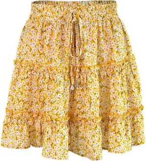 OFFSUM Womens Short Skirts - Summer Women's Skirts High Waist Ruffle Floral Beach Clothes A-Line Sexy Dress Sweet Ple