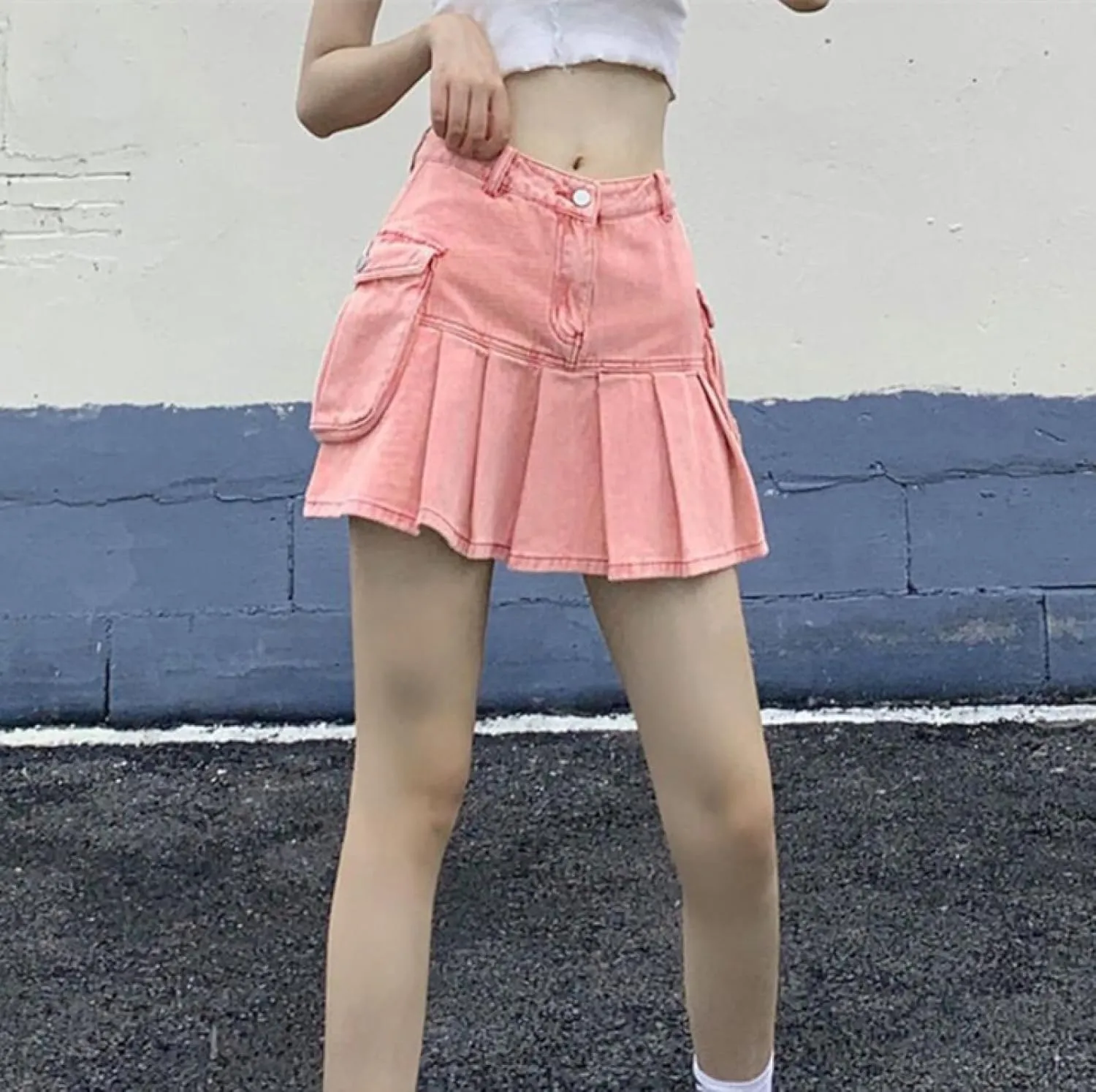 OFFSUM Womens Short Skirts - Summer Womens Slim Pleated Denim Mini Skirt High Waist Sexy Solid Color Fashion Retro St
