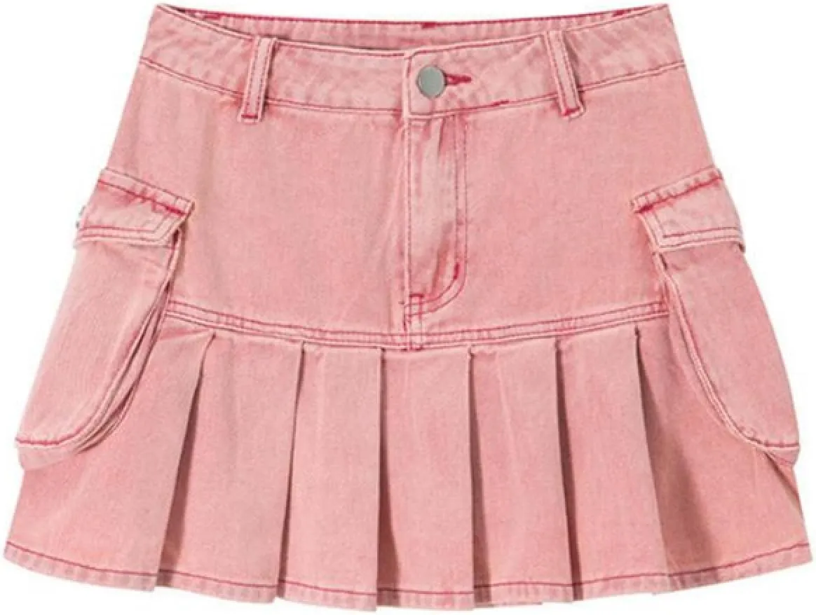 OFFSUM Womens Short Skirts - Summer Womens Slim Pleated Denim Mini Skirt High Waist Sexy Solid Color Fashion Retro St