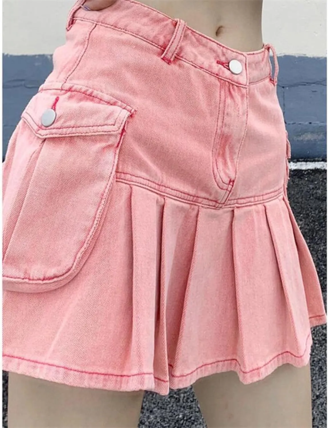 OFFSUM Womens Short Skirts - Summer Womens Slim Pleated Denim Mini Skirt High Waist Sexy Solid Color Fashion Retro St