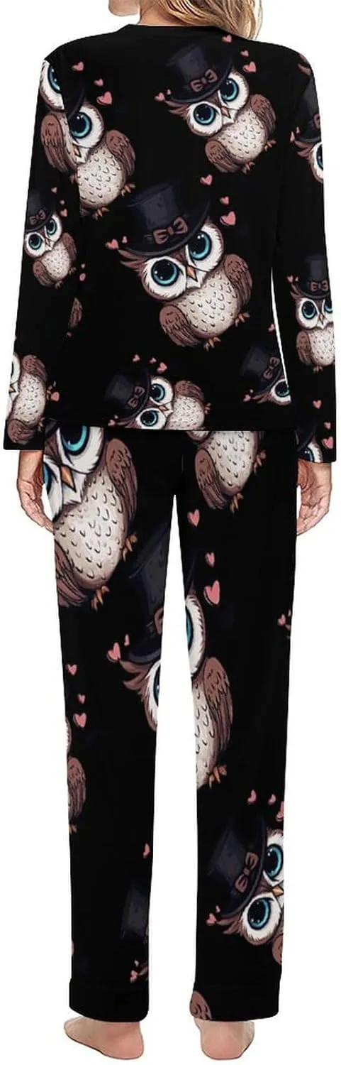 Owls Women's Pajama Set Long Sleeve Pj Sets Casual Two Piece Loungewear Soft Sleepwear