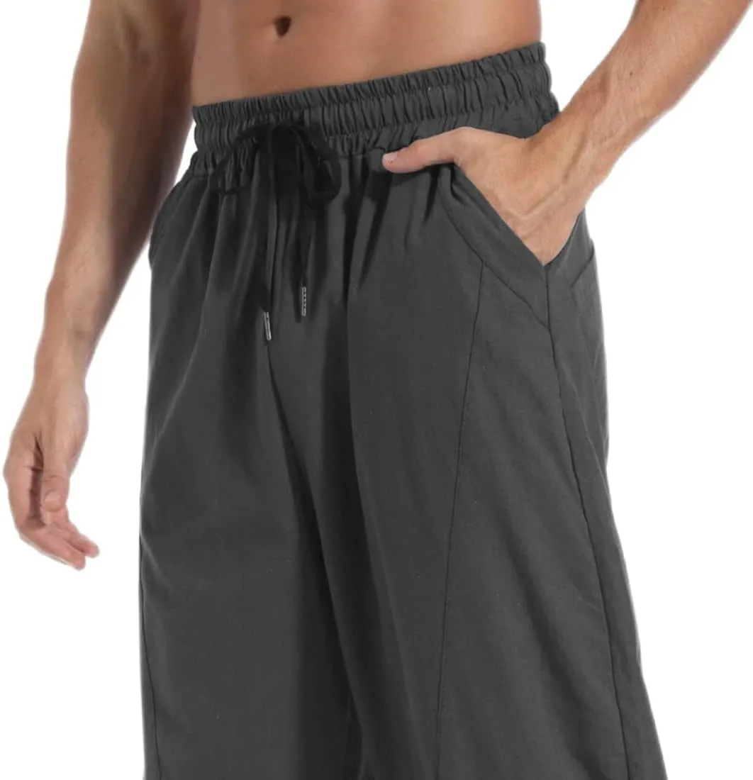PACEIADTA Men's Cotton Linen Drawstring Pants Elastic Waist Casual Summer Beach Pants