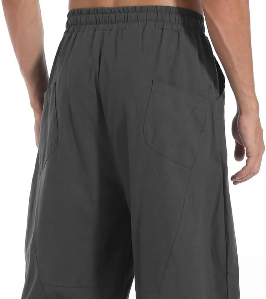 PACEIADTA Men's Cotton Linen Drawstring Pants Elastic Waist Casual Summer Beach Pants