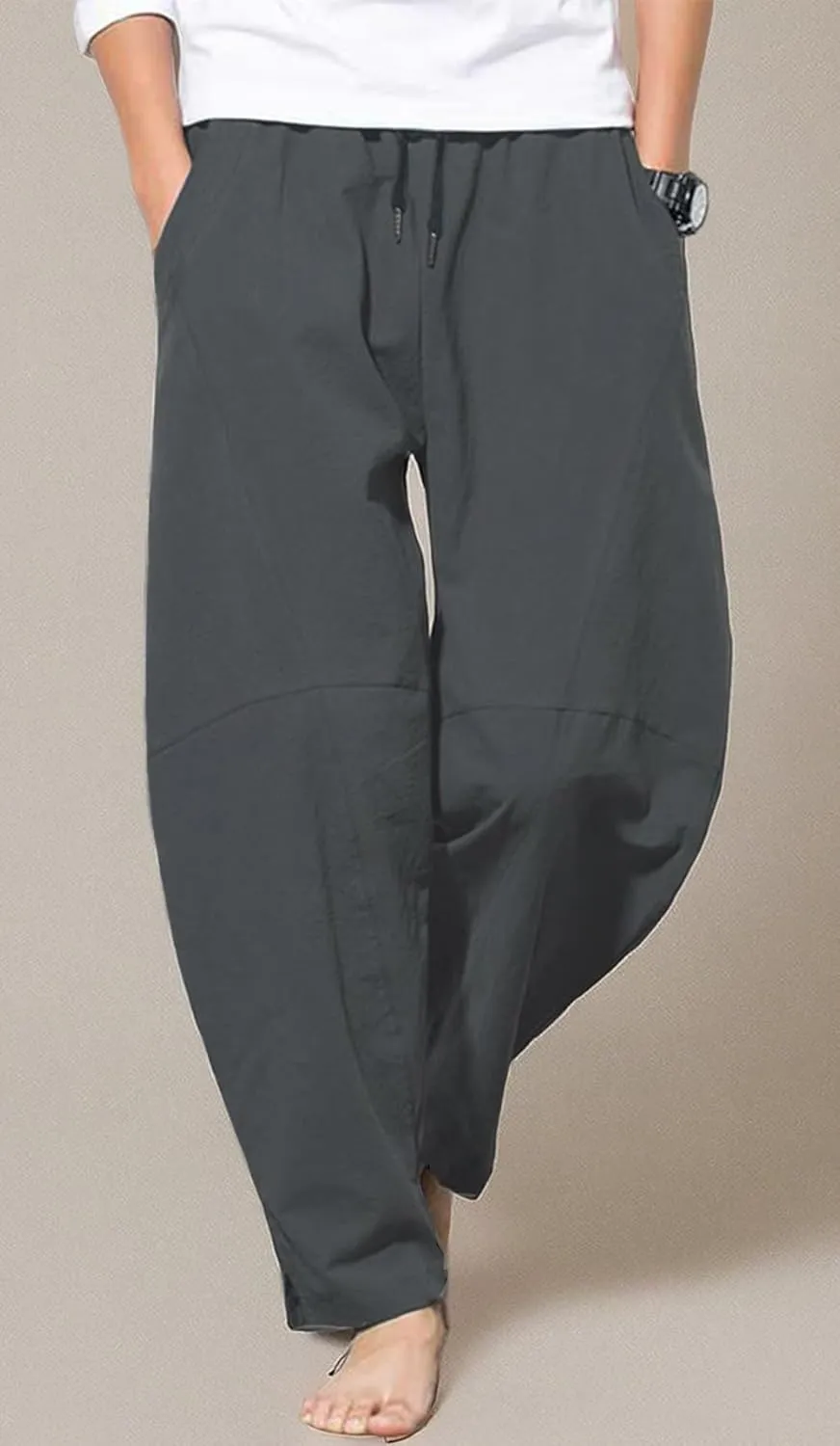 PACEIADTA Men's Cotton Linen Drawstring Pants Elastic Waist Casual Summer Beach Pants