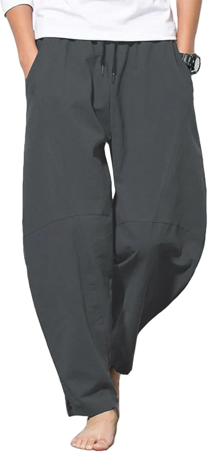 PACEIADTA Men's Cotton Linen Drawstring Pants Elastic Waist Casual Summer Beach Pants