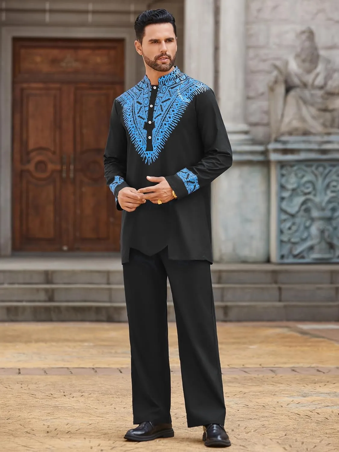 Pacinoble Mens African 2 Piece Set Metallic Traditional Suit Floral Printed Mens African Dashiki Shirt and Pants Outfit