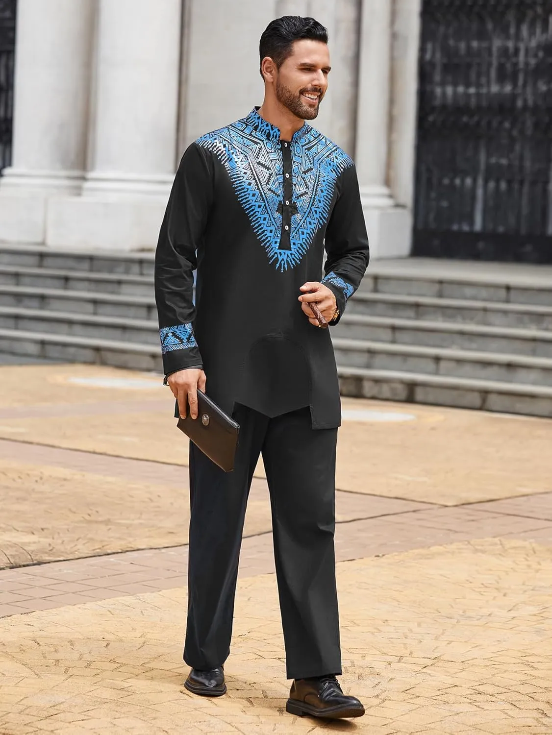 Pacinoble Mens African 2 Piece Set Metallic Traditional Suit Floral Printed Mens African Dashiki Shirt and Pants Outfit