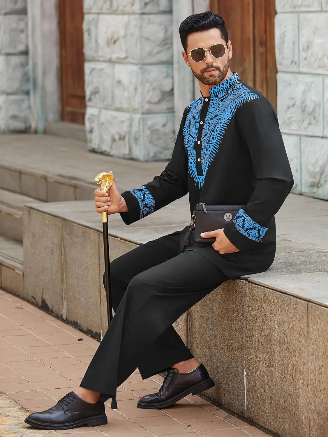 Pacinoble Mens African 2 Piece Set Metallic Traditional Suit Floral Printed Mens African Dashiki Shirt and Pants Outfit