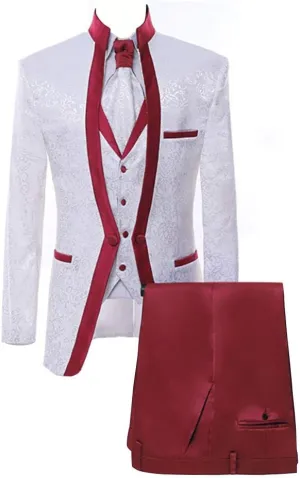 Paisley Slim Fit White Premium Floral Tuxedo Prom Wedding Groom 3 Pieces Suits
