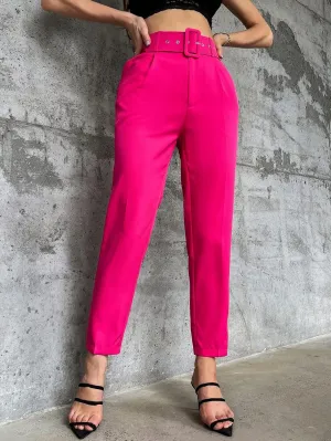 Pants for Women - Solid Belted Tapered Pants (Color : Hot Pink, Size : Medium)