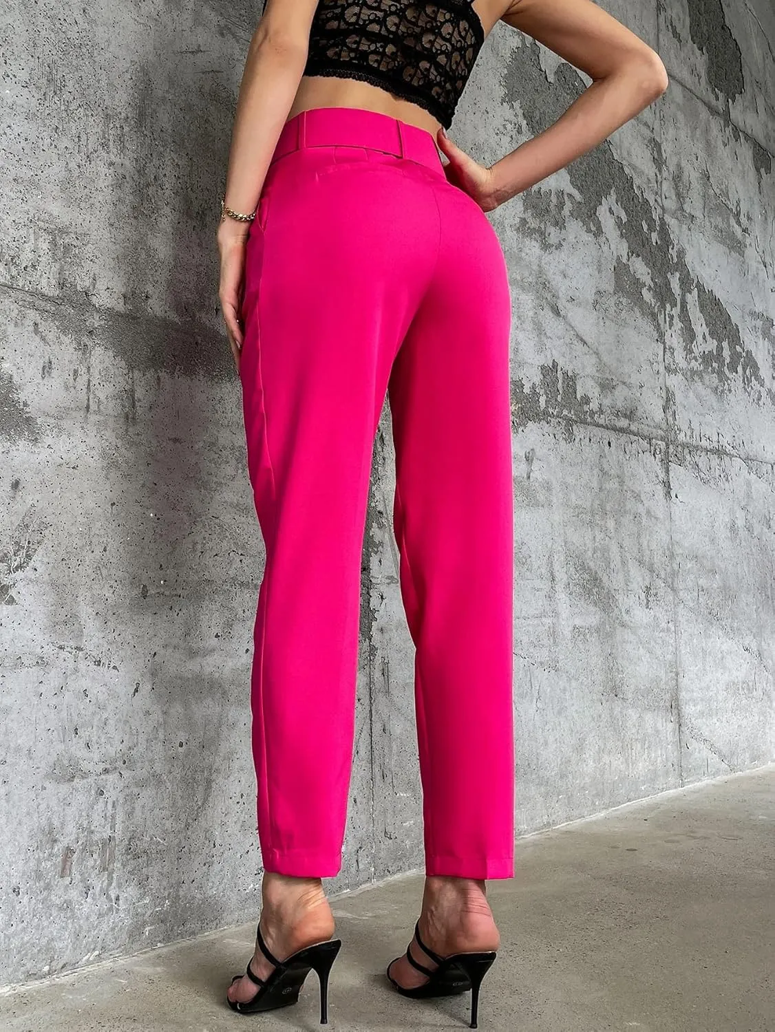 Pants for Women - Solid Belted Tapered Pants (Color : Hot Pink, Size : Medium)