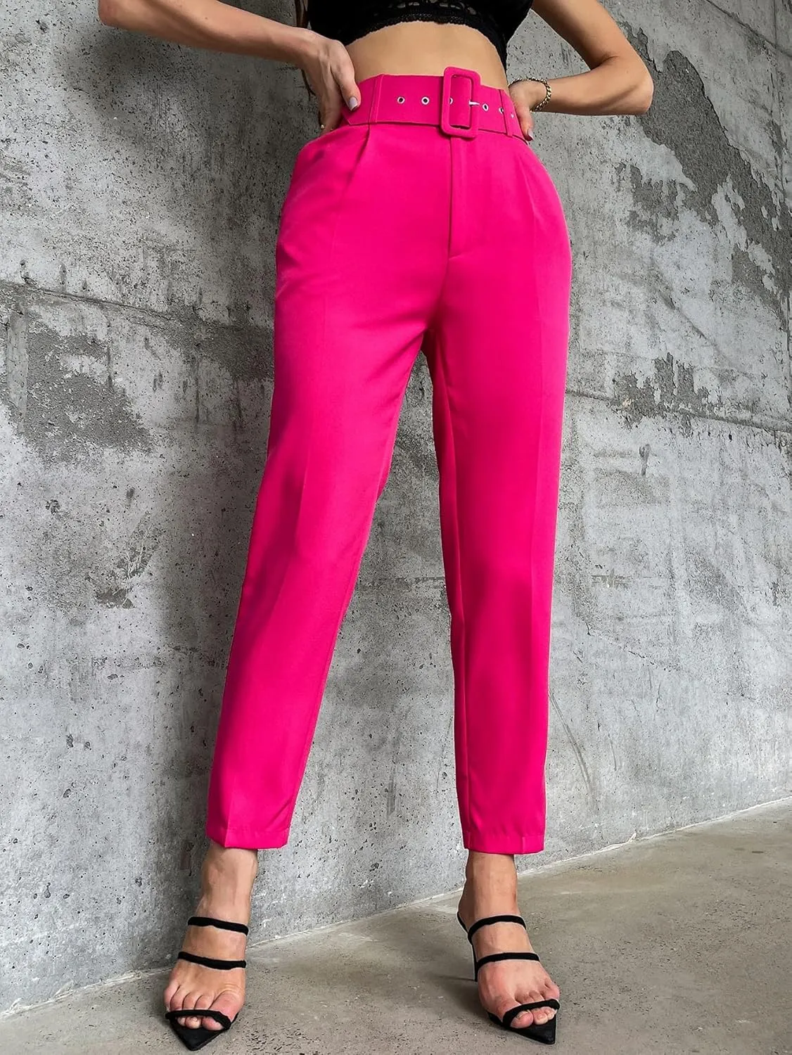 Pants for Women - Solid Belted Tapered Pants (Color : Hot Pink, Size : Medium)