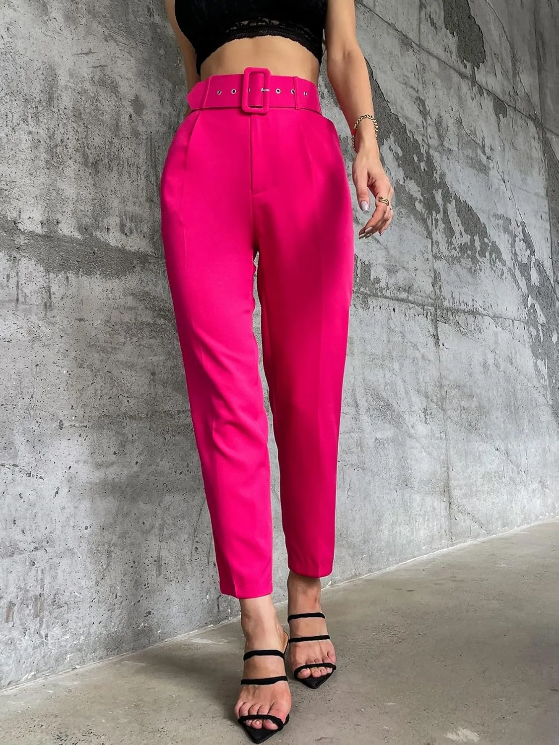 Pants for Women - Solid Belted Tapered Pants (Color : Hot Pink, Size : Medium)