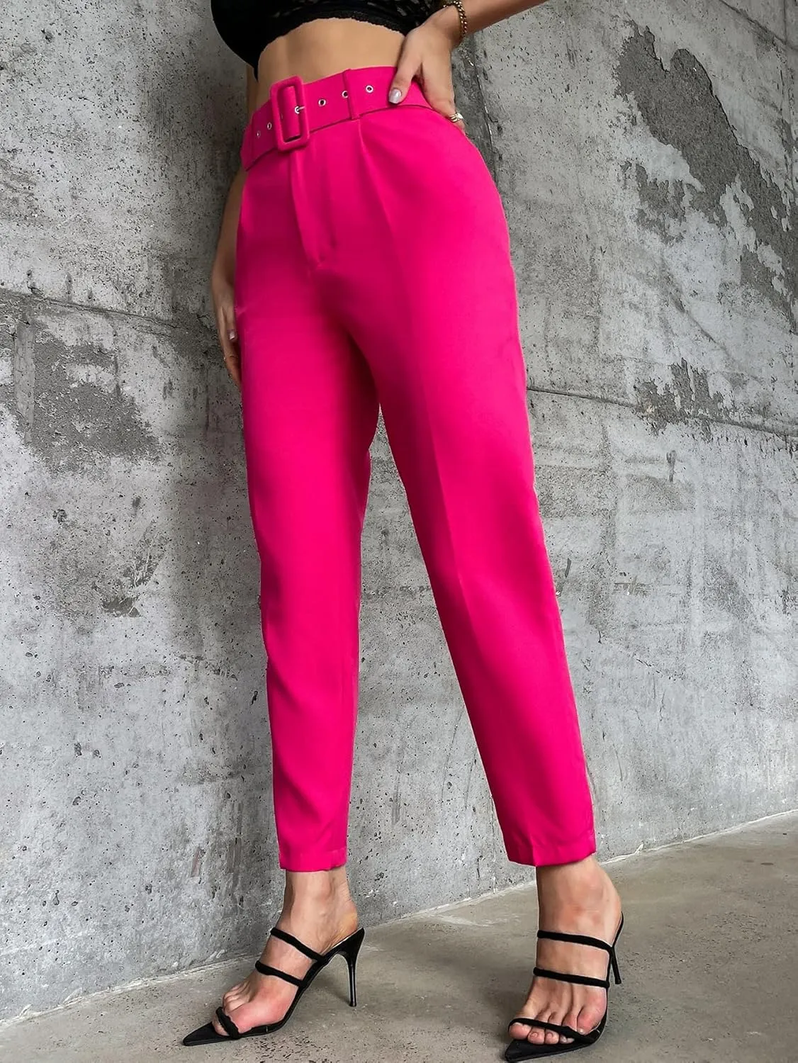 Pants for Women - Solid Belted Tapered Pants (Color : Hot Pink, Size : Medium)