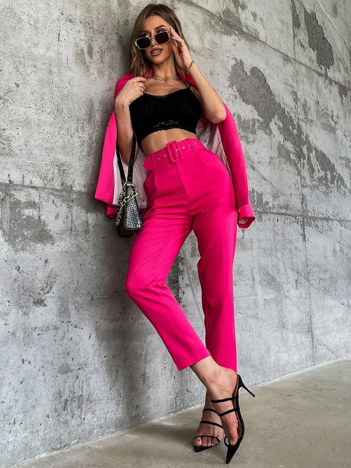 Pants for Women - Solid Belted Tapered Pants (Color : Hot Pink, Size : Medium)