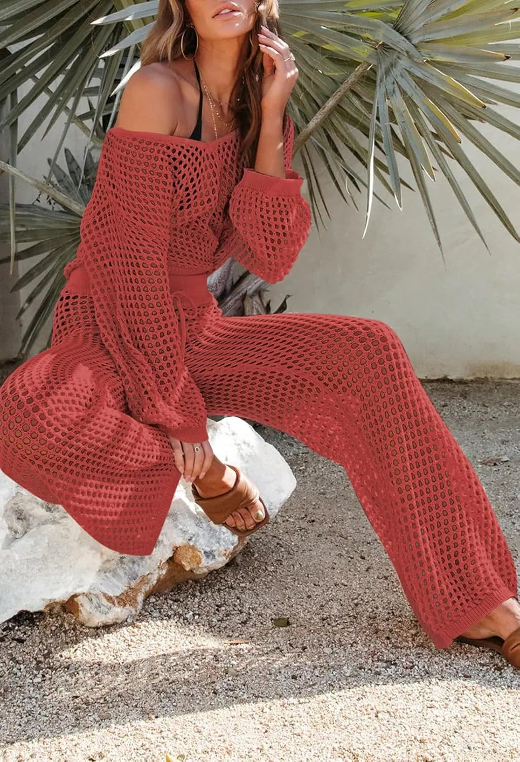 Pink Queen Women's Swimsuit Cover Up Set 2 Piece Crochet Long Sleeve Crop Top Wide Leg Pants Beach Coverups Outfits