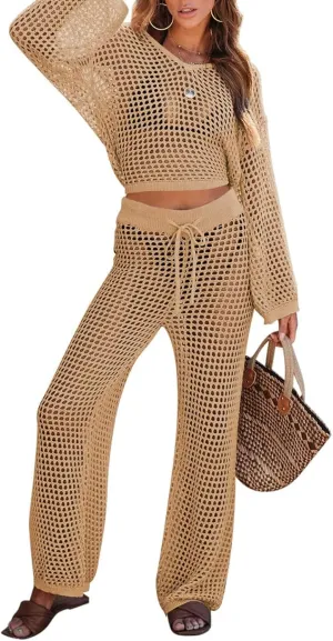 Pink Queen Women's Swimsuit Cover Up Set 2 Piece Crochet Long Sleeve Crop Top Wide Leg Pants Beach Coverups Outfits