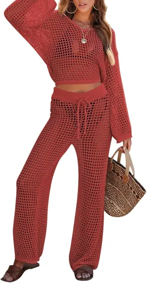 Pink Queen Women's Swimsuit Cover Up Set 2 Piece Crochet Long Sleeve Crop Top Wide Leg Pants Beach Coverups Outfits