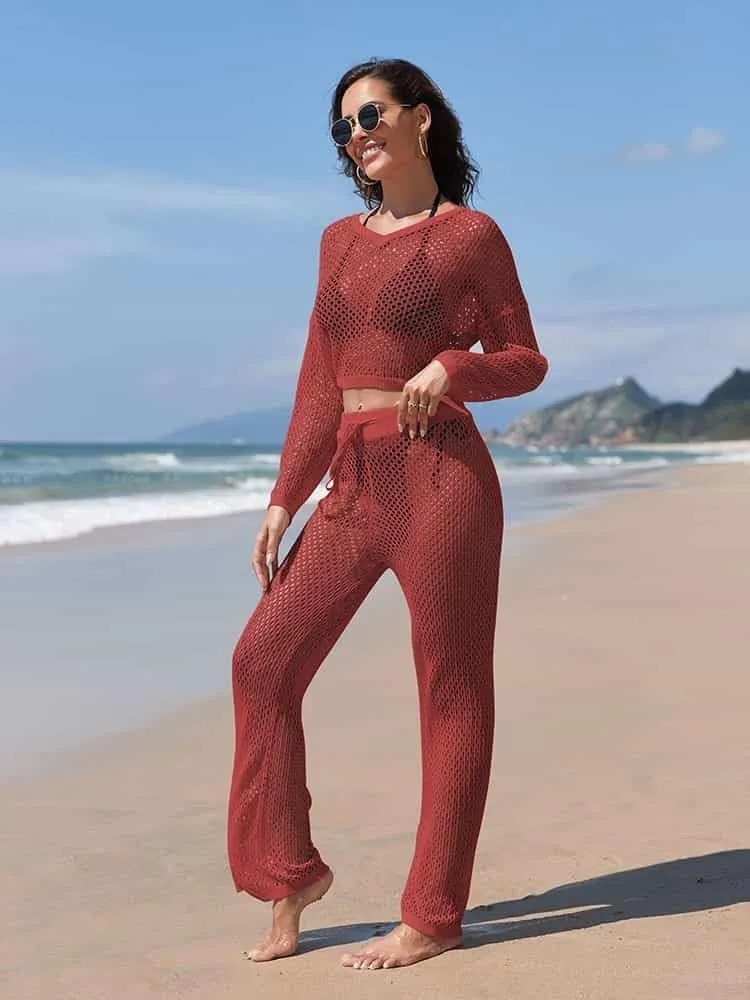 Pink Queen Women's Swimsuit Cover Up Set 2 Piece Crochet Long Sleeve Crop Top Wide Leg Pants Beach Coverups Outfits
