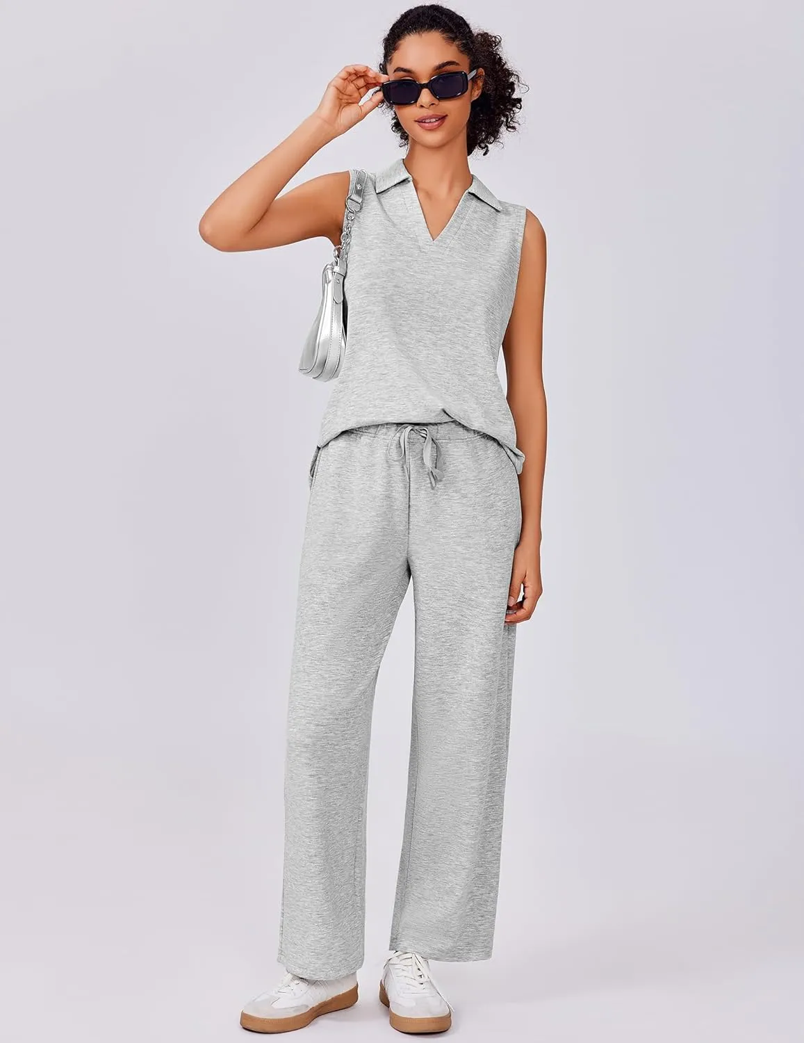 PINSPARK Two Piece Sets for Women Sleeveless Outfits Travel Tracksuit V Neck Top Wide Leg Pant Lounge Sets 2025 Summer