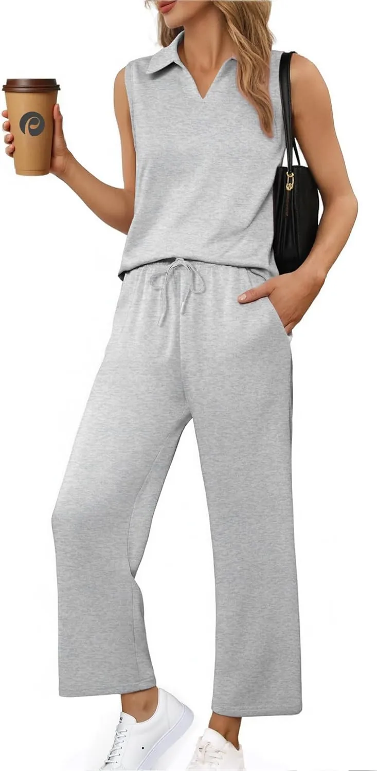 PINSPARK Two Piece Sets for Women Sleeveless Outfits Travel Tracksuit V Neck Top Wide Leg Pant Lounge Sets 2025 Summer