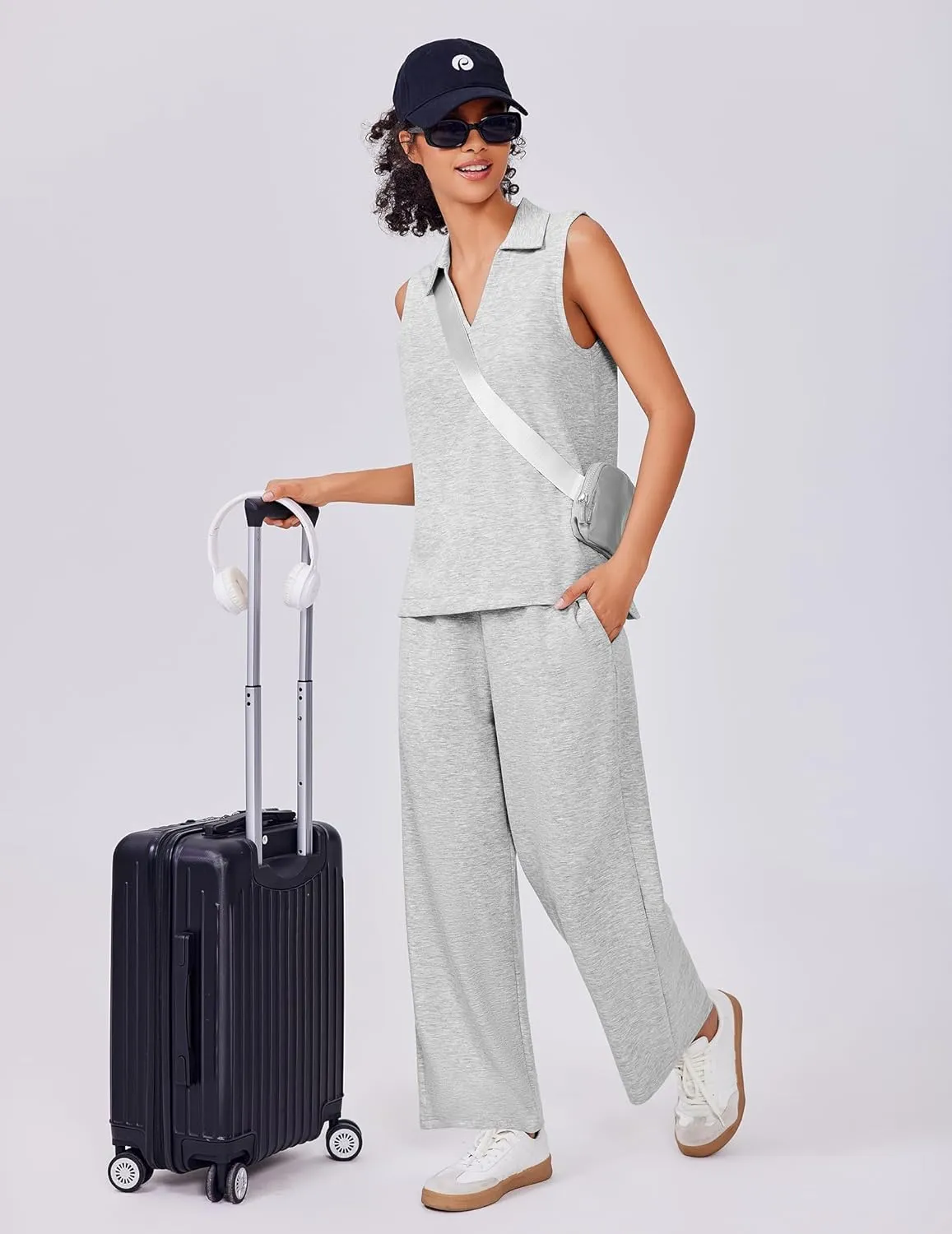PINSPARK Two Piece Sets for Women Sleeveless Outfits Travel Tracksuit V Neck Top Wide Leg Pant Lounge Sets 2025 Summer