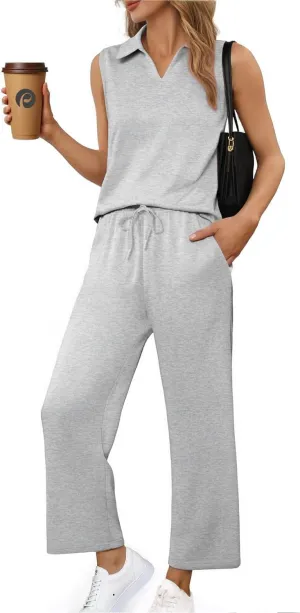 PINSPARK Two Piece Sets for Women Sleeveless Outfits Travel Tracksuit V Neck Top Wide Leg Pant Lounge Sets 2025 Summer