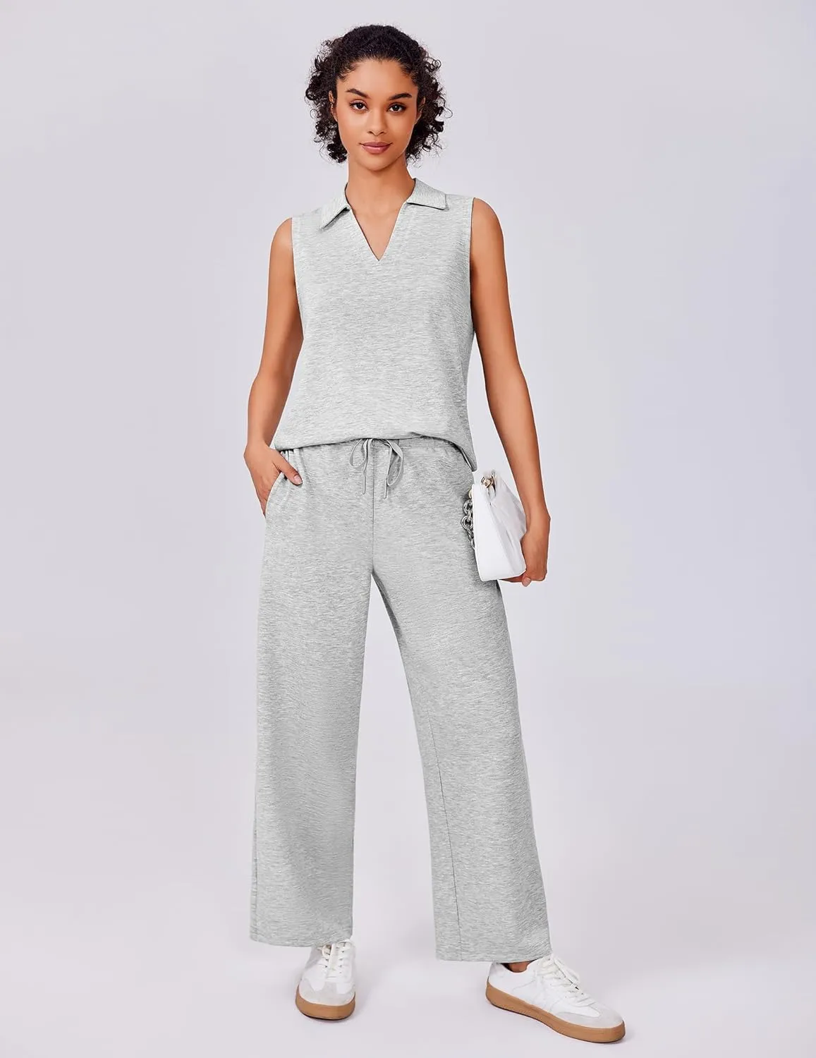 PINSPARK Two Piece Sets for Women Sleeveless Outfits Travel Tracksuit V Neck Top Wide Leg Pant Lounge Sets 2025 Summer