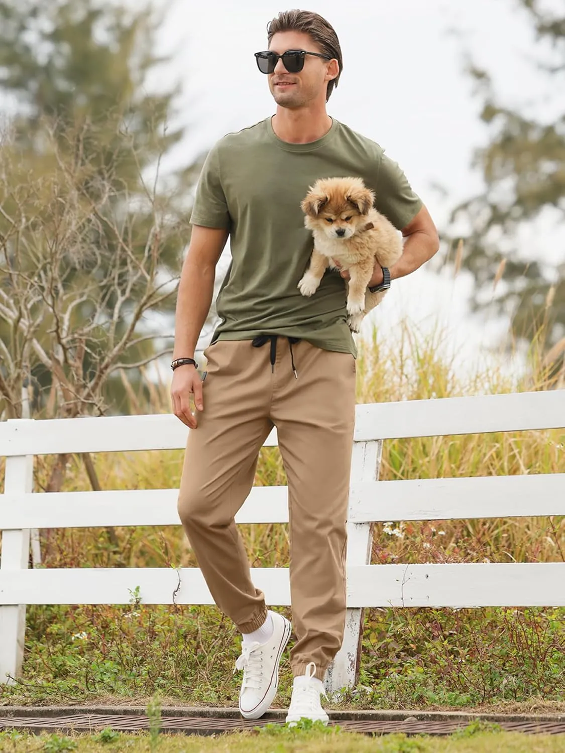 PLEPAN Mens Casual Cargo Joggers - Cotton Drawstring Chino Pants Hiking Outdoor Twill Track Jogging Sweatpants