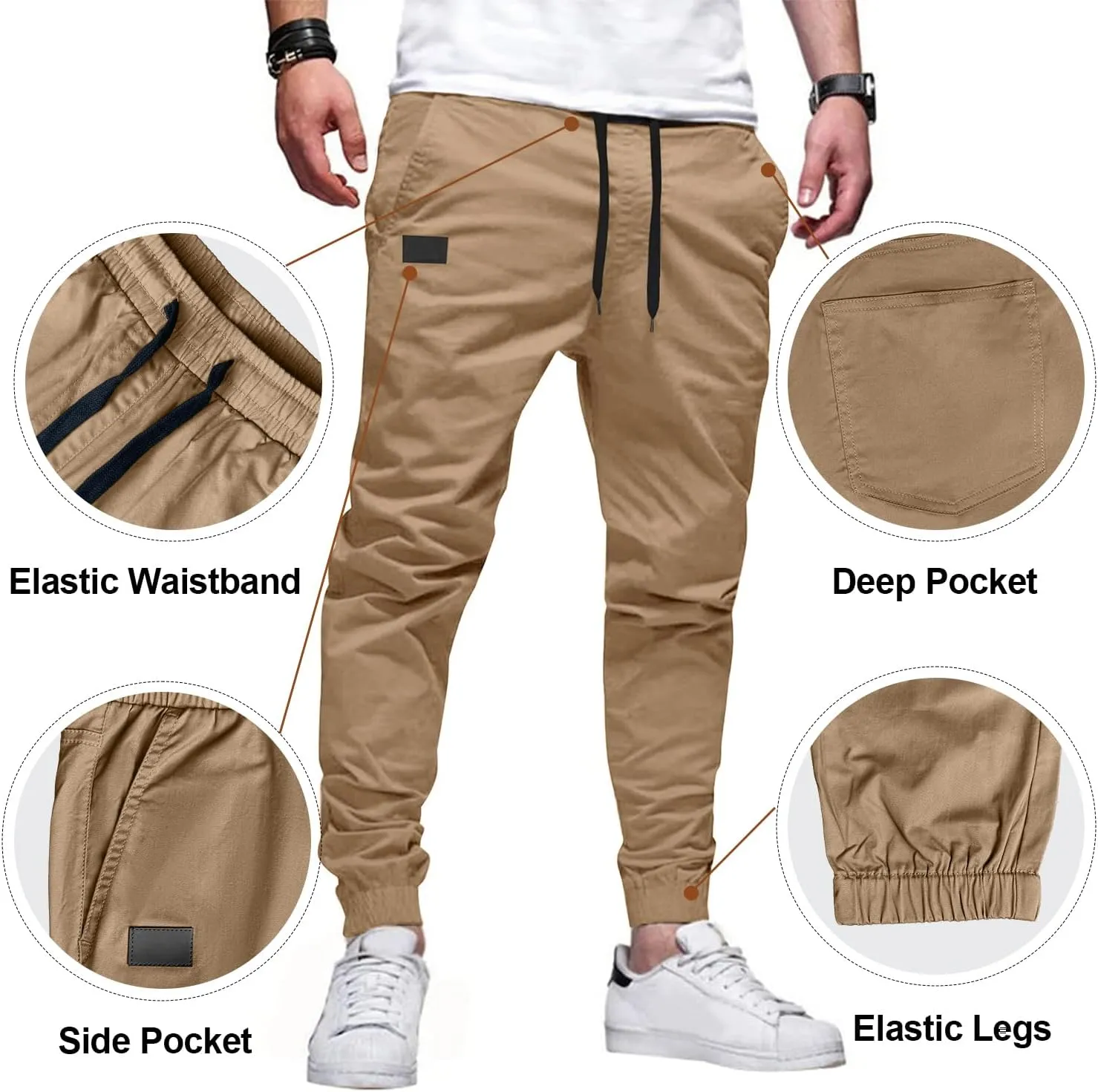 PLEPAN Mens Casual Cargo Joggers - Cotton Drawstring Chino Pants Hiking Outdoor Twill Track Jogging Sweatpants