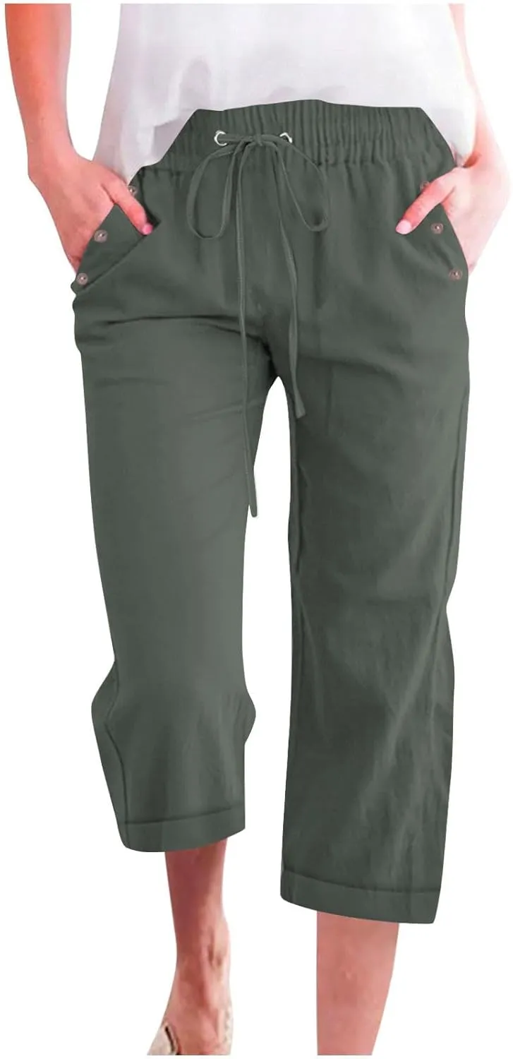 Plus Size Capris for Women Cotton Linen Capri Pants Elastic Waist 3/4 Long Shorts Casual Summer Pants with Pockets