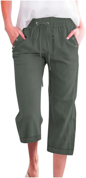 Plus Size Capris for Women Cotton Linen Capri Pants Elastic Waist 3/4 Long Shorts Casual Summer Pants with Pockets