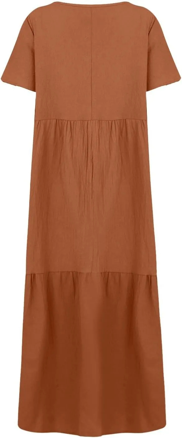 Plus Size Maxi Dresses for Curvy Women Summer Linen Dress Short Sleeve V Neck Long Sundress Flowy Beach Dress