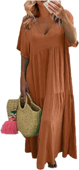 Plus Size Maxi Dresses for Curvy Women Summer Linen Dress Short Sleeve V Neck Long Sundress Flowy Beach Dress
