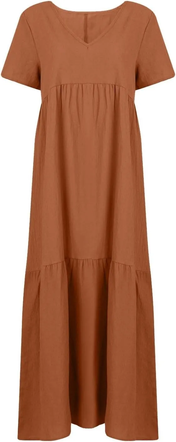 Plus Size Maxi Dresses for Curvy Women Summer Linen Dress Short Sleeve V Neck Long Sundress Flowy Beach Dress